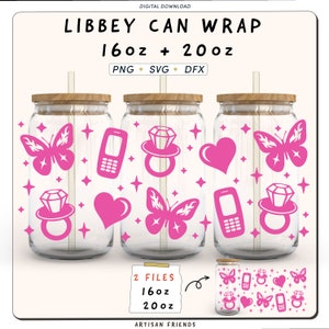 May include: Digital download of two printable designs for 16oz and 20oz Libbey can wraps. The designs feature pink butterflies, hearts, rings, and cell phones.