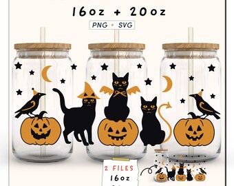 Halloween cat wrap svg dla puszek szklanych 16 uncji i 20 uncji, Libbey glass svg, Beer glass svg, black cat svg, witch cat, cat lover