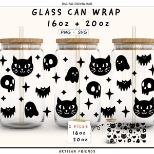 Halloween Wrap svg für 16oz und 20oz Glasdose, Libbey Glas svg, Bierglas svg, Hexe Katze svg, niedliches Gespenst, digitaler download.