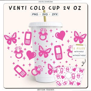 May include: A white 24 ounce cold cup with a pink design. The design features butterflies, hearts, rings with diamonds, and cell phones. The cup is shown with a straw and a separate image of the cup's design without a hole for a straw.