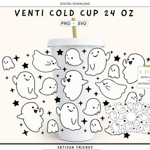 Può includere: Una tazza fredda Venti bianca, circa 710 ml, con coperchio e cannuccia, decorata con fantasmi e stelle nere dei cartoni animati. Il testo "VENTI COLD CUP 24 OZ" è in alto. Include file PNG e SVG.