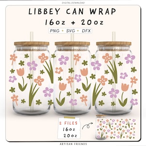 Puede incluir: Dos archivos de descarga digital para un diseño de envoltura de lata con estampado floral para latas Libbey de 16 oz y 20 oz. El diseño presenta flores y hojas rosas, naranjas y verdes sobre un fondo de vidrio transparente.