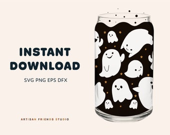 Cute Ghost with stars Libbey 16oz can glass svg, Coffee glass can, Cute spooky, svg png dxf, cut file, Cricut, Silhouette