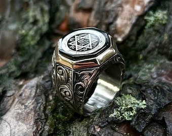 Bague sceau du roi Salomon chevalière de David en argent sterling 925  carats