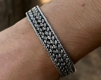 Mens Sterling Silver Wicker Bracelet, Vintage Knitted Wire Mesh, Gift For Husband