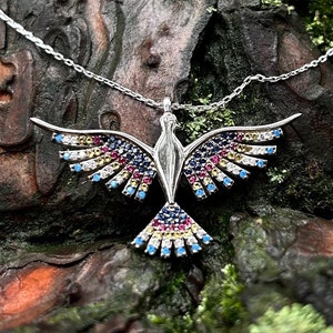 Rainbow Phoenix Necklace: Sterling Silver Zircon Stone Pendant
