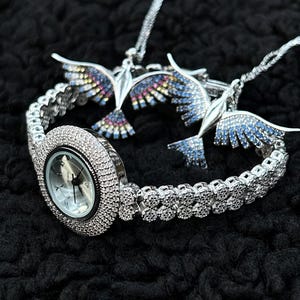 Luxury Crystal Silver Watch for Women, Rhodium Plated Zircon Bracelet Watch, Elegant Handmade 925 Sterling Jewelry Gift, Women&#39;s Dress Watch