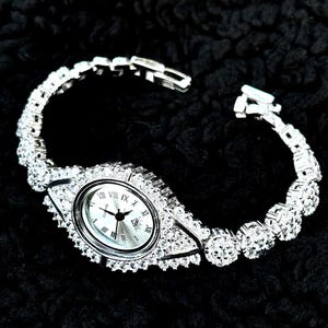 925 Sterling Silver Luxury Women&#39;s Watch, Rhodium Plated Iced Zircon Gem Bracelet Watch, Elegant Gift for Mom, Handmade Mother&#39;s Day Jewelry