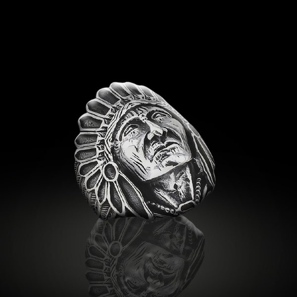 Solid 925 Sterling Silver Boho Mens Ring, Large Indian Head Ring, Indian Chief Biker Ring, Shaman Ring Silver For Men, Gift For Him