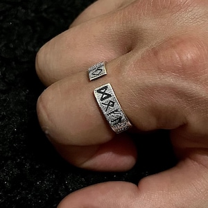 925 Silver Adjustable Viking Ring for Men, Norse Runic Alphabet Open Statement Ring | Nordic Amulet Jewelry Gift For Him