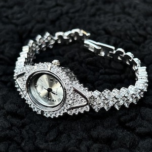 Luxury Silver Women Bracelet Watch, 925 Sterling Handmade Zircon Watch, Rhodium Plated Jewelry Gift for Her, Elegant Jewelry Set For Women