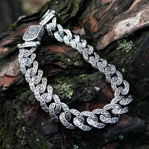 Engraved Cuban Link Bracelet: 925 Sterling Silver Chain Bracelet for Men