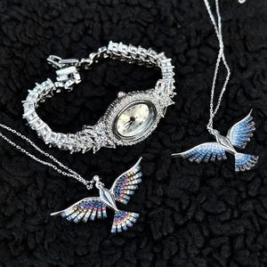 Rhodium Plated Silver Women’s Watch with Gift Necklace, Silver Iced Zircon Bracelet Watch, Luxury Jewelry for Her, Mother's Day Gift For Mom