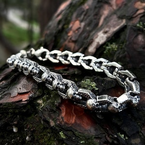Mens Skull Chain Link Bracelet 925 Sterling Silver, Bikers High Quality Skull Chain Bracelet, Unique Handmade Skull Bracelet Silver For Men