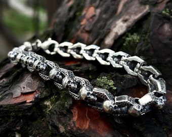 925 Sterling Silver Skull Chain Bracelet - Handmade Biker Jewelry 