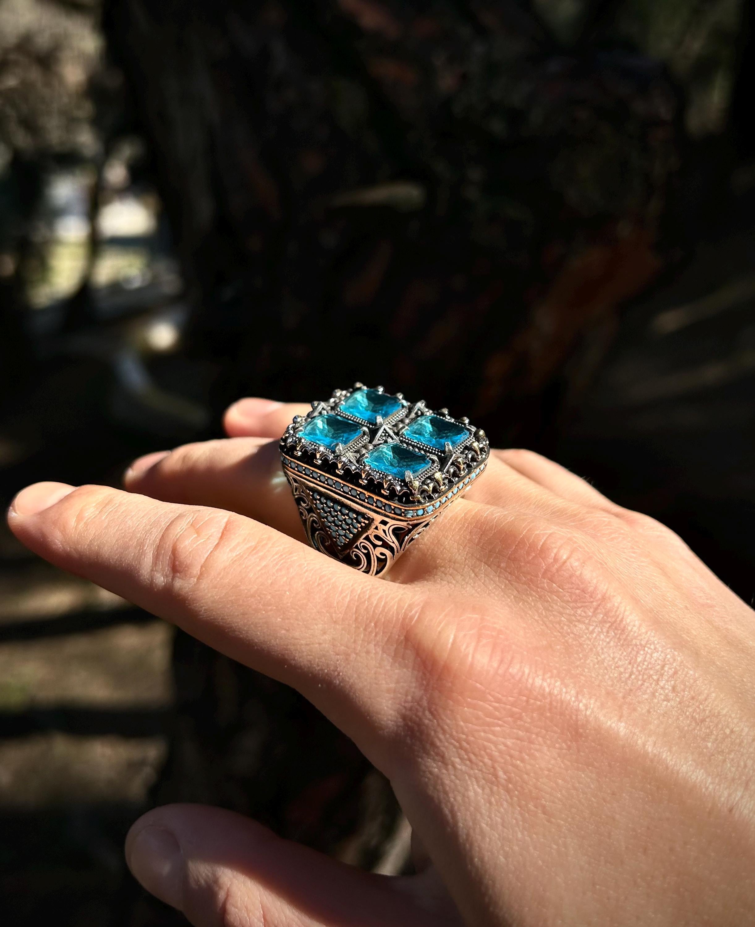 Solid 925 Sterling Silver Men's Ring With Turquoise Stone - Size 11, Made In Thailand