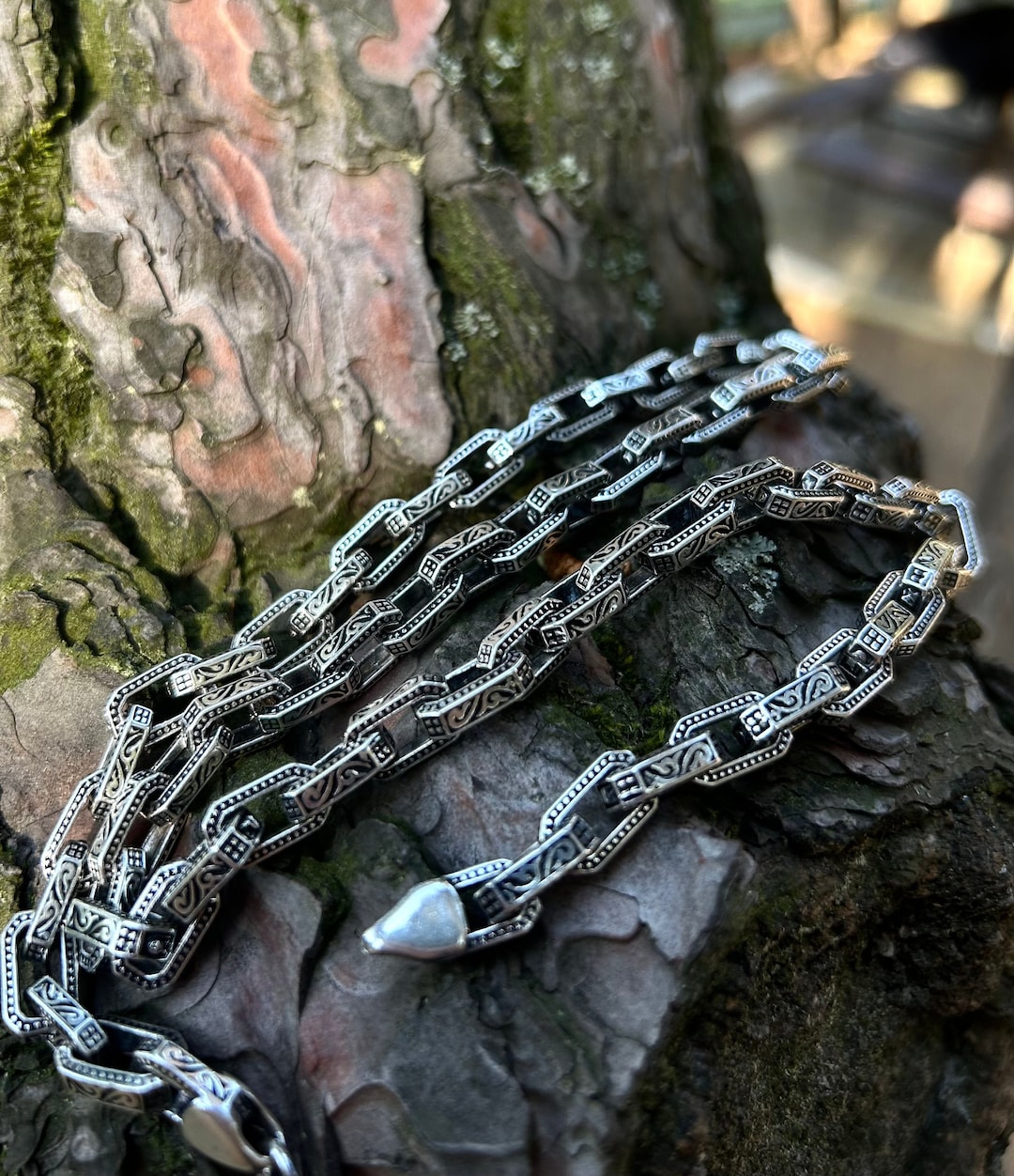 Mens Heavy Engraved Chain 925 Sterling Silver, Mens Heavy Link Chain