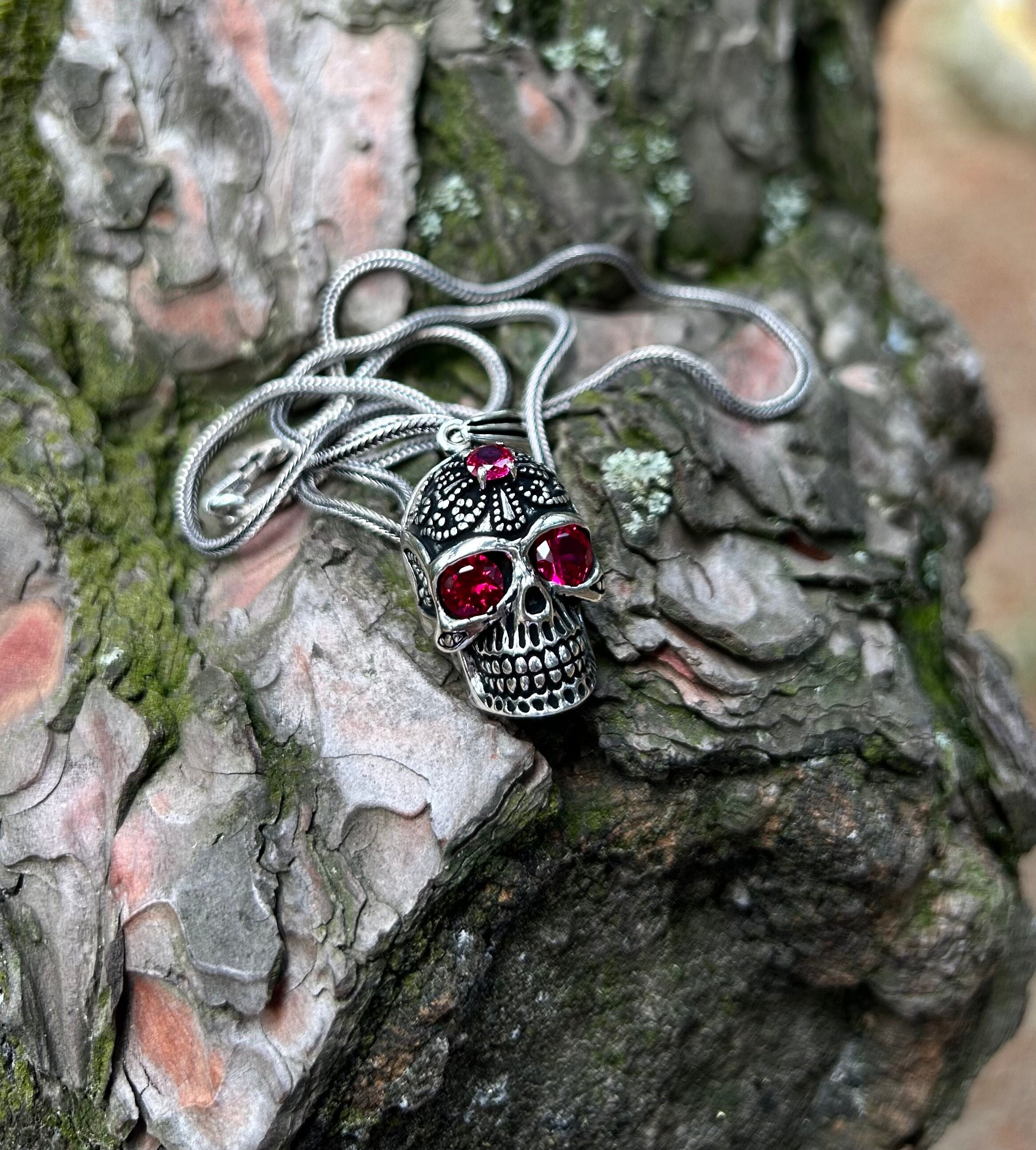 925 Sterling Silver Skull Head Pendant, Purple Stone Skull