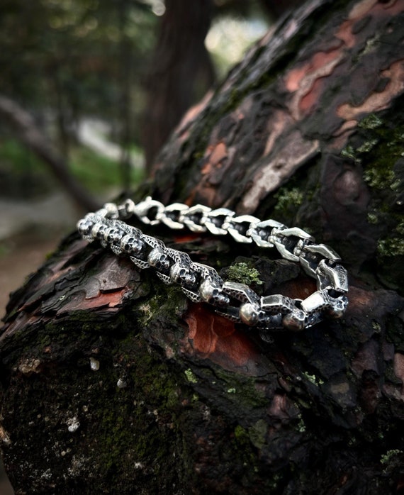 925 Sterling Silver Skull Chain Bracelet - Handmade Biker Jewelry 