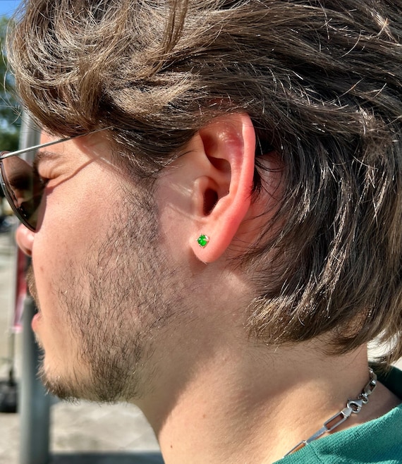 Mens Emerald Green Stud Earring: 925 Sterling Silver Minimalist Jewelry