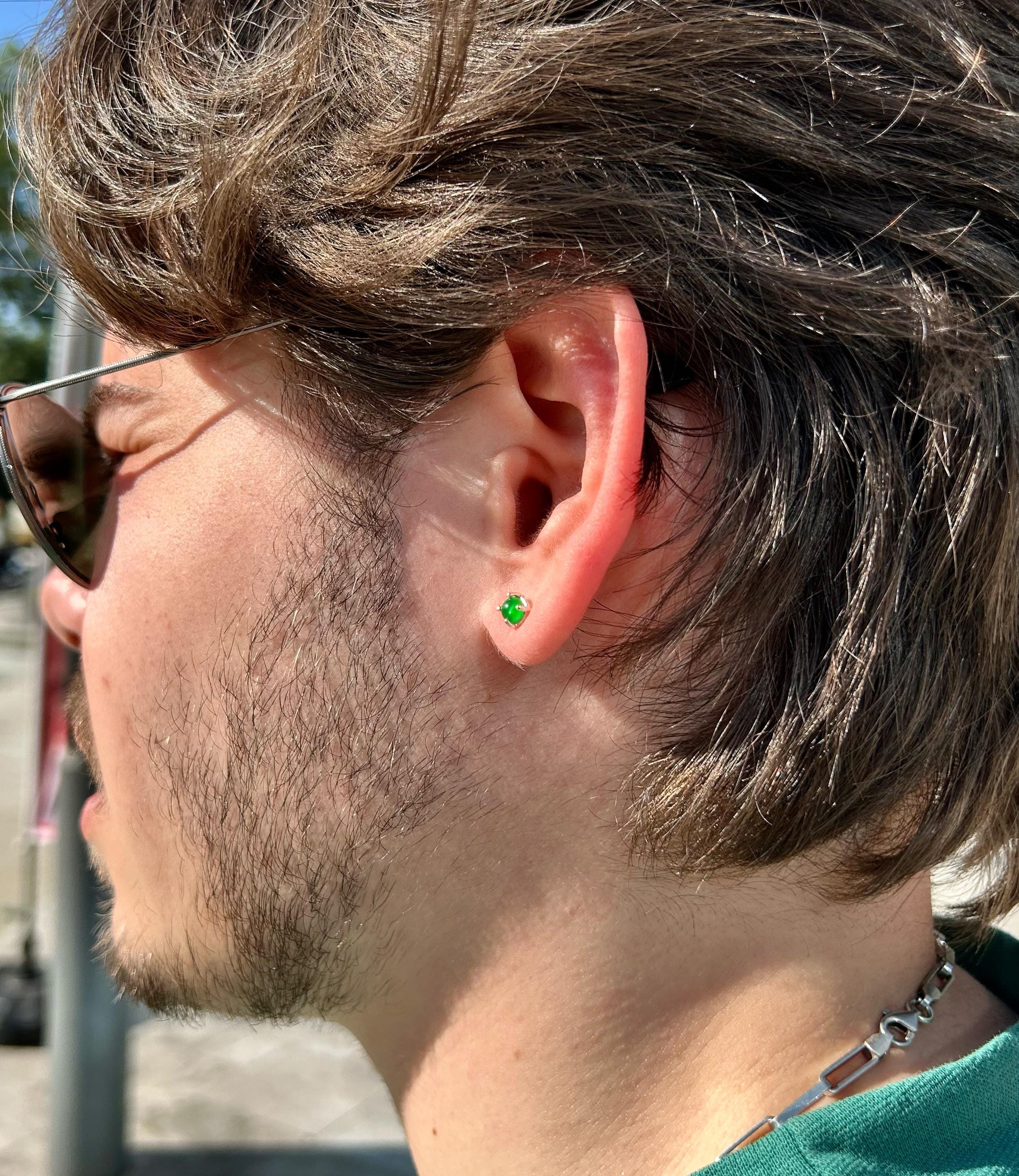 Mens Emerald Green Stud Earring: 925 Sterling Silver Minimalist Jewelry