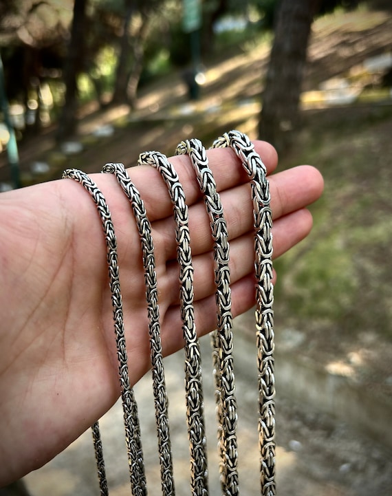 925 Sterling Silver Byzantine Chain Necklace: Square King Chain, Bali Design