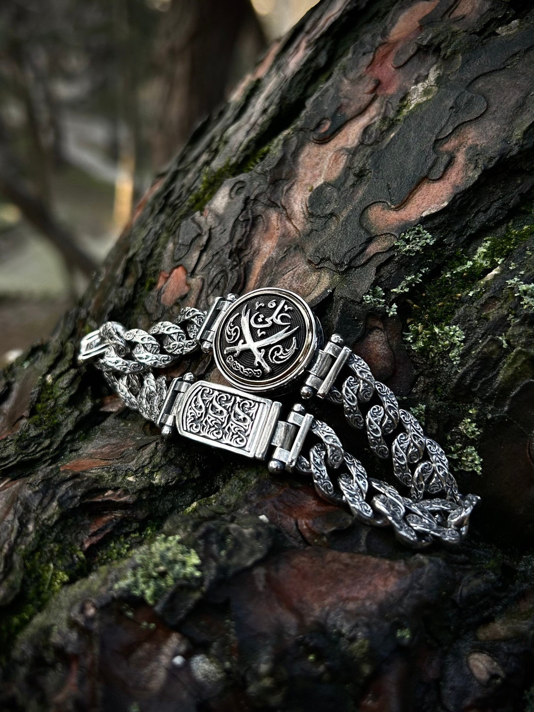 Sterling Silver Mens Zulfiqar Sword Chain Bracelet, Islamic