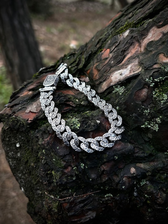 925 Sterling Silver Engraved Cuban Cut Style Chain Bracelet