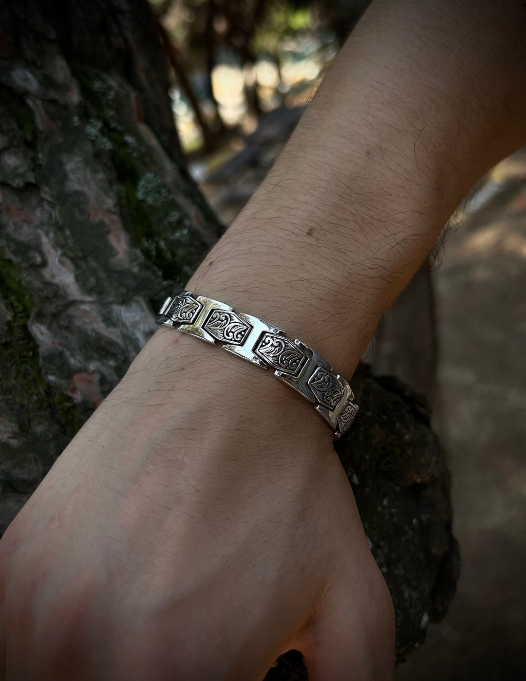 Silver 925 Men’s Bracelet Rank AB 20cm Real Solid 925 Silver Handmade Byzantine Heavy Mens Bracelet 5mm