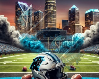 May include: A Carolina Panthers football helmet with a blue and white design, sitting on a green field with a crowd of people in the background. The helmet has a black panther logo on the side. The image is set against a backdrop of a city skyline.