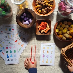 May include: A set of colorful wooden blocks and matching cards with shopping lists. The cards have illustrations of different shapes and colors. The blocks are in a variety of shapes and sizes. The blocks are in bowls and a wooden mortar and pestle. There are also tongs for picking up the blocks.
