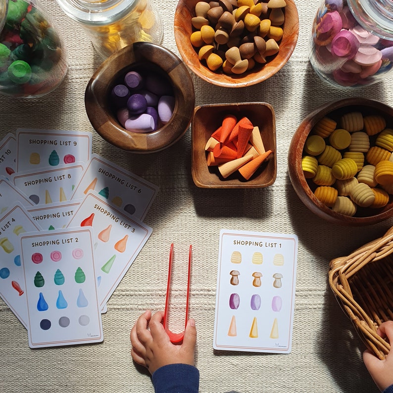 May include: A set of colorful wooden blocks and matching cards with shopping lists. The cards have illustrations of different shapes and colors. The blocks are in a variety of shapes and sizes. The blocks are in bowls and a wooden mortar and pestle. There are also tongs for picking up the blocks.