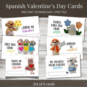 May include: A set of eight Spanish Valentine's Day cards. Each card features a different plush animal holding flowers, hearts, or a letter. The cards have phrases like "Eres una gran amiga" and "Me encanta jugar contigo".