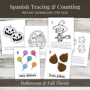 Spanish Tracing, Counting, and Coloring Worksheets, Halloween theme, Fall theme, Printable