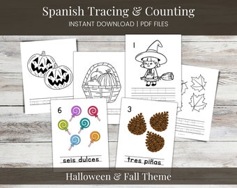 Spanish Tracing, Counting, and Coloring Worksheets, Halloween theme, Fall theme, Printable