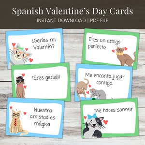 May include: Six printable Valentine's Day cards featuring cute cartoon cats with different messages in Spanish. The cards have a light blue and green background.