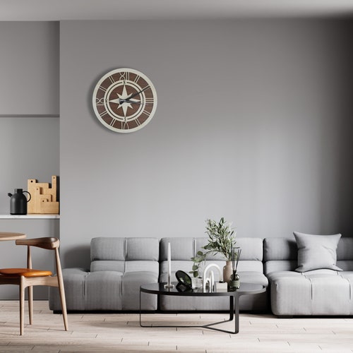 Modern Wall Clock,Sundial Compass,Brass Compass,Compas Clock,Direction Finding,Wooden Wall Clock,Room Wall shops Clock,Wood Retro Wall Clock Decor
