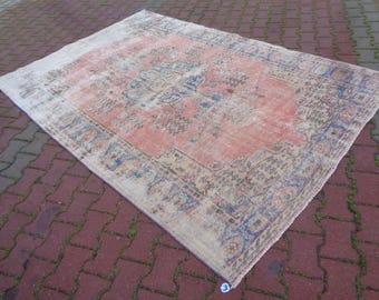 6.1 x 8.9  Coral Pink & Soft Blue Oversize Rug, Large Carpet For Dining Area, Vintage Family Room Rug, Boho Persian Rug, Distressed Rug f43