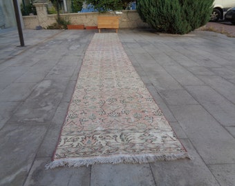 Vintage Pink Turkish Runner Rug, Extra Long Hallway Carpet, Boho Stair Runner  f37