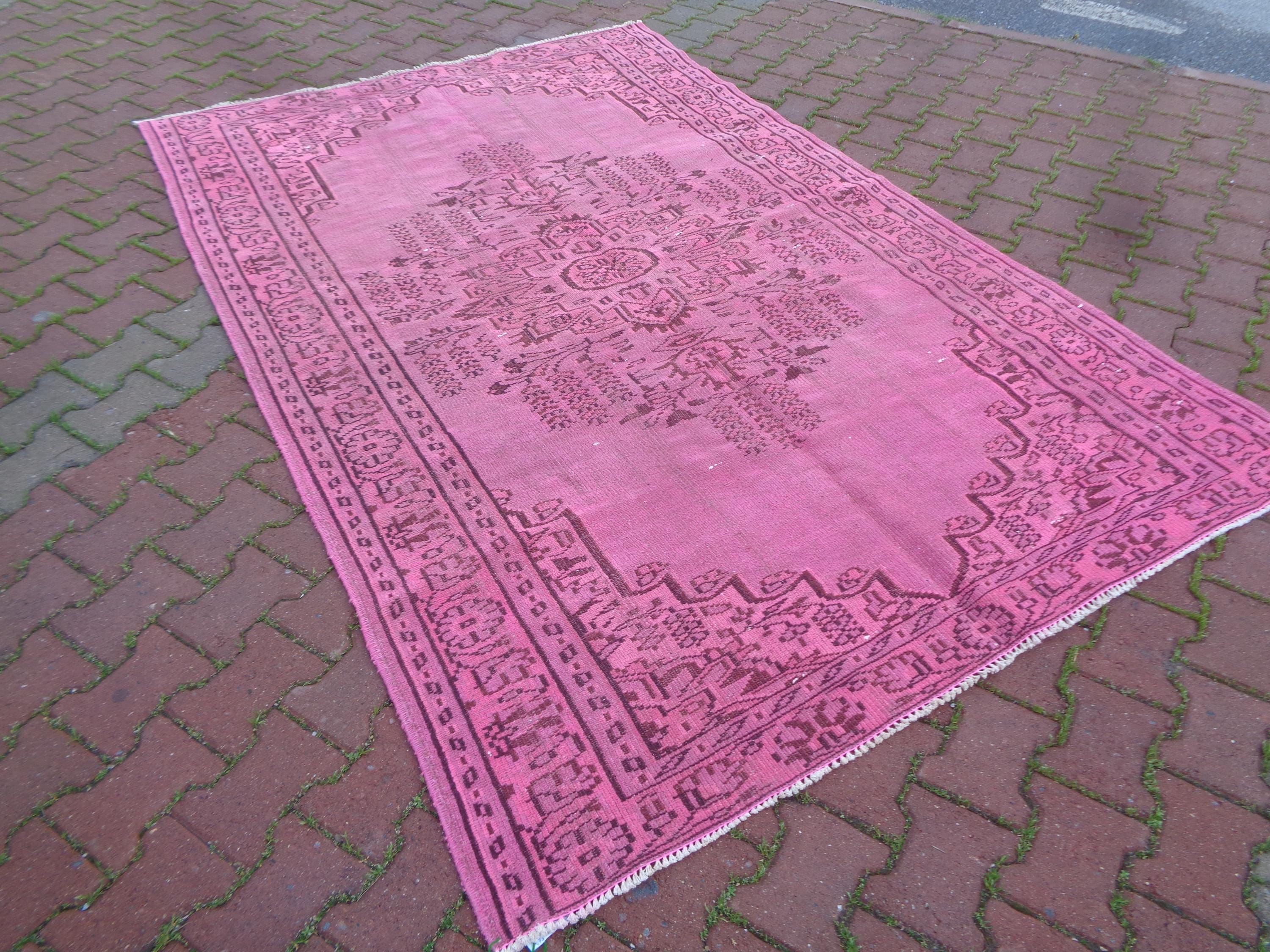 5.7x8.6 Faded Pink Overdyed Large Rug, Oversize Vintage Rug For Living Room, Rustic Game Room Rug, Boho Salon Carpet, Mother's Day Gift v75