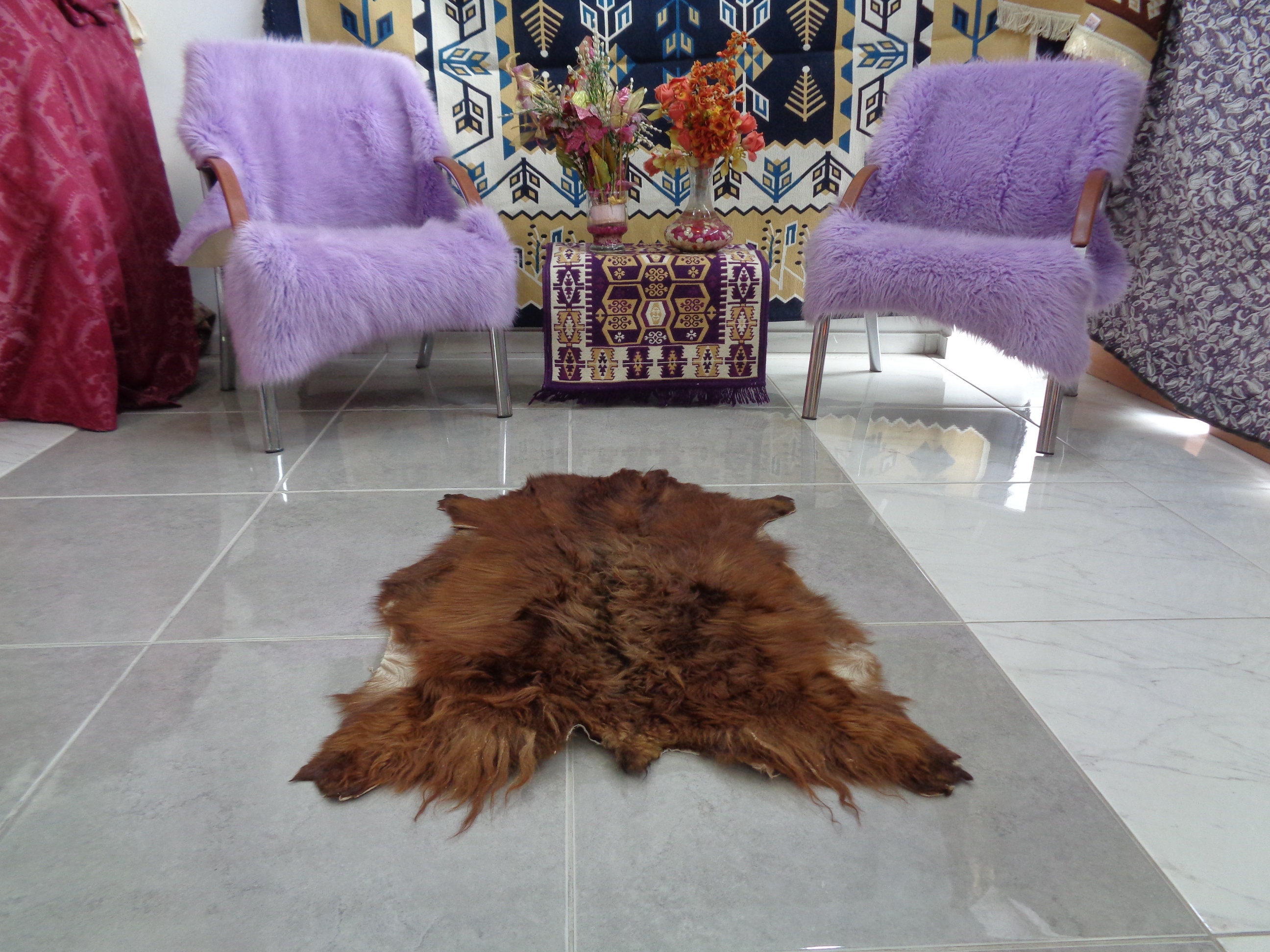 Brown Goatskin Rug, Organic Angora Hide, Bed For Medium Dogs, Silky Touch Pelt, Soft Accent Chair, Animal Skin Rug 3.4 x 2.6 Goat Fur V684
