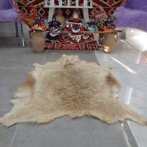 Light Brown Goatskin Rug, Tanned Unique Animal Leather 3.4 x 3 Ft Goatskin For Upholstery, Soft Bed For Dogs, Gift Goat Rug For Christmas c9