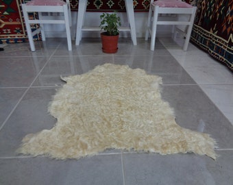 Goatskin Rug,Genuine Angora Pelt,Hair On Leather,Fluffy Rug,Silky Touch Hide,Couch Cover, Soft Mohair Skin 3&#39; 3&#39;&#39;x 3&#39; Curly Throw Rug 2632