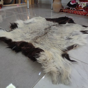 Black-Gray Goatskin Rug, Animal Skin, Soft Hair Goatskin For Upholstery, Cozy Bed For Dogs, Rug For Foyer, Real Hide 3.6x3.1 Ft Skin Rug c15