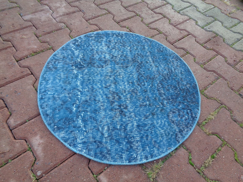 Small Blue Round Rug, Circle Bath Mat, Vintage Entrance Mat, Rustic
