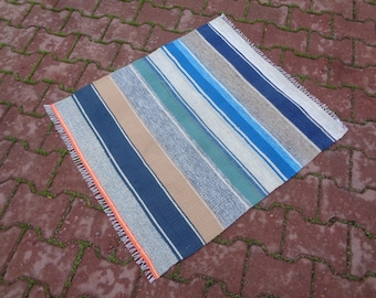 Vintage Handwoven Striped Kilim Rug, Rustic Accent Mat (2.56 x 2.82 Ft) IKT