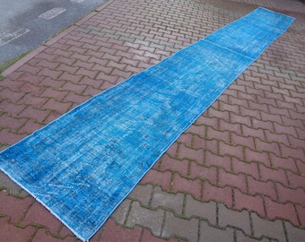 Faded Turquoise Vintage Turkish Wool Runner Rug, Overdyed Hallway Carpet (2.6 x 19.7 Ft) v92