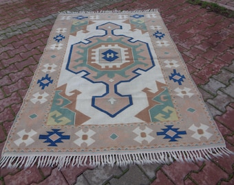 4.9 x 7.2 Blue &  Green Vintage Turkish Rug For Kids Room, Hand-Knotted Carpet, Rug For Game Room, Rugs For Kitchen, Boho Maroccon Rug 8003