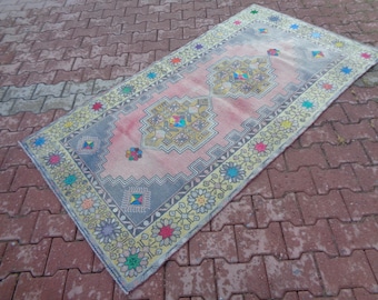 6.9 x 3.7 Ft Colorful Turkish Medium Size Vintage Rugs, Hand Knotted Rug For Kids Room Non Slip, Genuine Bedroom Carpet  835