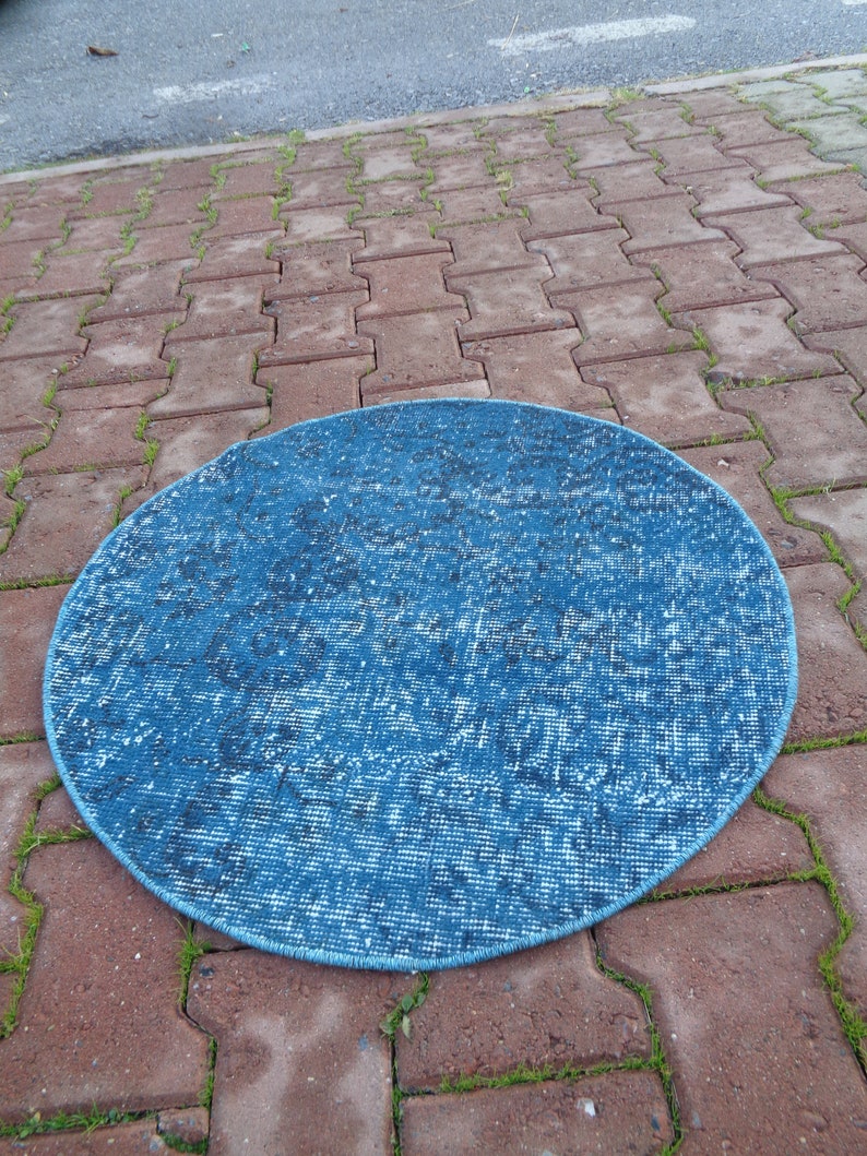 Small Blue Round Rug, Rug for Piano Feet, Vintage Entry Mat, Boho